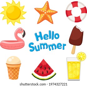 Summer time, set of objects sun, ice cream, flamingos on a white background.