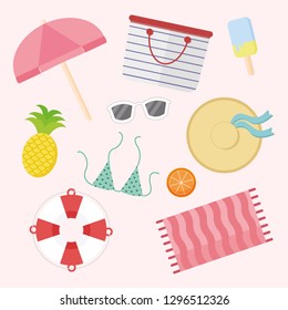 Summer time set on pink background consists of beach umbrella, bag, ice cream, hat, sunglasses, pineapple, swimsuit,orange, lifeline and beach towel. Flat design vector illustration.