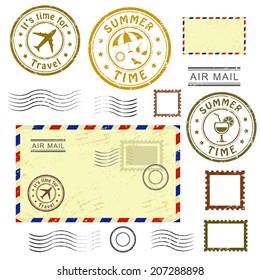 Summer time, set of postal stamps and postmarks, isolated on white background, vector illustration.