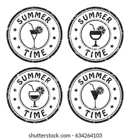 Summer time, set of postal stamps with cocktail glass icon, black isolated on white background, vector illustration.