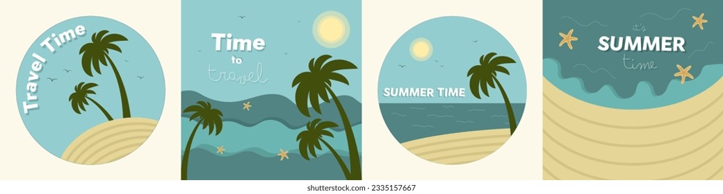 Summer time. Set of stickers and cards. Travel, tourism, seascape. Flat vector illustration, inscription, lettering.