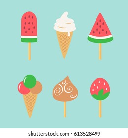 Summer time set. Watermelon popsicle and ice cream icons. Vector illustration.

