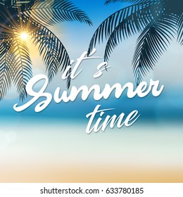 It's Summer Time sign, With coconut trees at the seaside, suitable for Summer Holiday and Beach Party. Vector Illustration