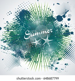Summer time sign on abstract blot, spot background. Ink drop with palm branches. Watercolor illustration texture for relaxed design.