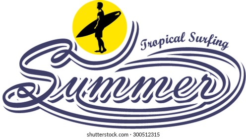  summer time sign, tropical surfing vector illustration