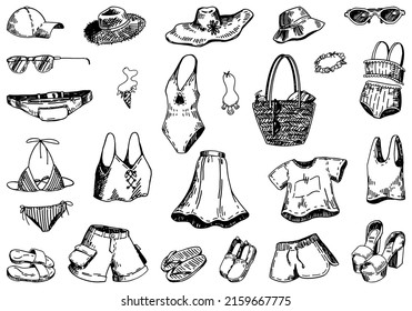 Summer time sketches collection. Drawings set of clothes, accesories, bags, hats, swimsuits. Hand drawn vector illustrations. Cliparts isolated on white.