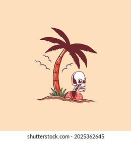 
Summer time, skull illustration on the beach