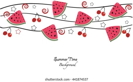 Summer time. Slices of watermelon and cherry vector illustration banner