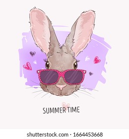 Summer time slogan. Hand drawn fashion Illustration of rabbit in sunglasses. Vector isolated elements