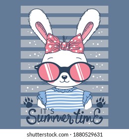 Summer Time slogan text with fun rabbit girl face, sunglassess, footprint for t-shirt graphics, fashion prints, posters and other uses