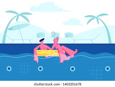 Summer Time Sparetime, Young Happy Man Enjoying Cocktail and Floating at Inflatable Ring in Swimming Pool. Tourist Relaxing on Resort. Tropical Vacation, Leisure. Cartoon Flat Vector Illustration