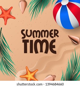 Summer time special holiday travel on the sand beach with starfish from top view square poster banner template
