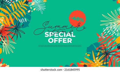 Summer time special offer horizontal banner with tropical leaves and flat elements. Vector template for sales, promo, ads. Bright floral vector illustration with text blocks.