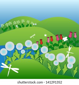 Summer time spending on a green field of dandelions and roses with butterflies and dragonflies flying among flowers