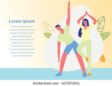 Summer Time Sport Activities. Happy Couple of Sportsman and Sportswoman Characters Workout. Athletics, Girl doing Yoga Asana, Gymnastics Exercises, Cartoon Flat Vector Illustration, Horizontal Banner