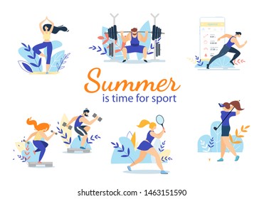 Summer Time Sport Activities Set Isolated on White Background. Sportsmen, Sportswomen Characters Workout. Athletics, Gymnastics Exercises, Golf, Bodybuilding, Tennis. Cartoon Flat Vector Illustration