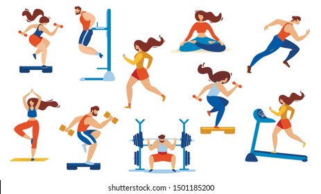 Summer Time Sport Activities Set Isolated on White Background. Sportsmen, Sportswomen Characters Workout. Athletics, Gymnastics Exercises, Yoga, Bodybuilding, Fitness. Cartoon Flat Vector Illustration