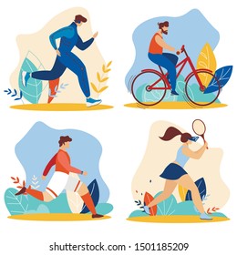 Summer Time Sport Activities Set. Sportsmen and Sportswomen Characters Workout. Athletics, Gymnastics Exercises, Riding Bicycle, Running, Jogging, Playing Tennis. Cartoon Flat Vector Illustration