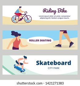 Summer Time Sports Activity. Young People, Teenagers Riding Bike, Skateboard, Roller Skating in Park, Youth Culture, Teen Vacation Spare Time Cartoon Flat Vector Illustration, Horizontal Banners Set