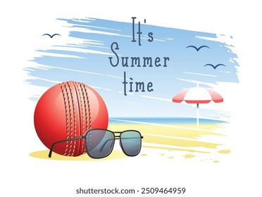It's Summer Time. Sports card. Cricket ball with sunglasses and beach umbrella on the sand beach background. Vector illustration.