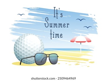 It's Summer Time. Sports card. Golf ball with sunglasses and beach umbrella on the sand beach background. Vector illustration.
