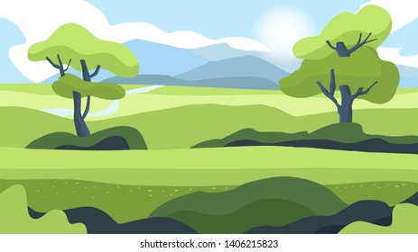 It's summer time. Summer or spring landscape for design banner, ticket, leaflet, card, poster and so on. Green grass and trees.