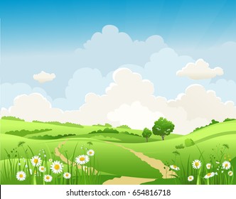 It's summer time. Summer or spring landscape for design banner, ticket, leaflet, card, poster and so on. Green grass and flowers scenery.