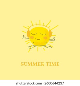 Summer time. Square postcard or banner with cartoon sun, listen to music and meditation, yoga. Vector illustration