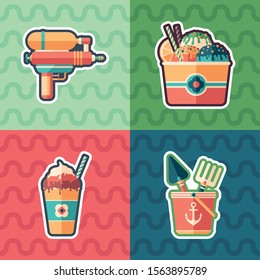 Summer time sticker flat icon set.