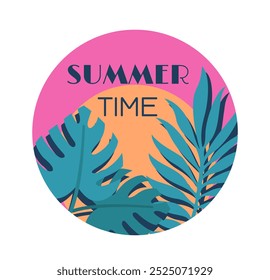 Summer time sticker. Tropical and exotic leaves. Travel and holiday, vacation. Seasonal party. Graphic element for website. Flat vector illustration isolated on white background