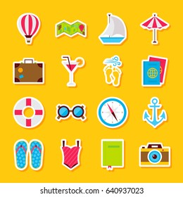 Summer Time Stickers. Vector Illustration Flat Style. Collection of Seasonal Holiday Symbols.