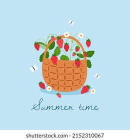 Summer time. Strawberry bushes with flowers in a basket. Vector summer background, postcard, banner.