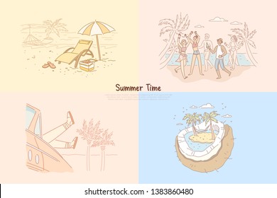 Summer time, students having beach party, exotic holiday vacation, tropical sea resort, recreation banner template