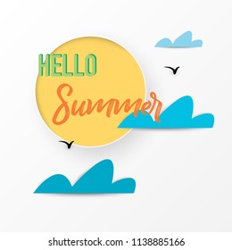 Summer time , sun and cloud with origami style, paper art style