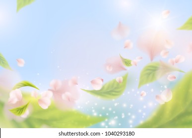 Summer time sunny background. Vector poster with flying pink flowers, green leaves, blue water and sky. Vacation template for your advertising design.