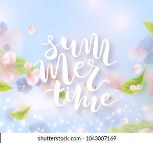 Summer time sunny background. Vector poster with flying pink petals, blue flowers, green leaves and sky. Vacation template for your advertising design.