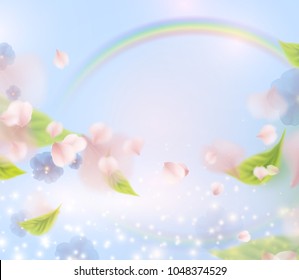 Summer time sunny background. Vector poster with flying pink flowers, green leaves, blue water, rainbow and sky. 
