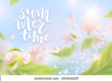 Summer time sunny background. Vector poster with flying pink flowers, green leaves, blue water and sky. Vacation template for your advertising design.