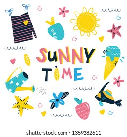 Summer time, sunny time! Clipart Ice cream, starfish, sun, clothes, sea fish, berry, strawberry, flower, watering can, heart Scandinavian cartoon style. Summer vector illustration. Isolated unique