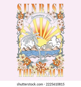 summer time sunrise the beach, tropical sunrise. surf and beach. vintage beach print. tee graphic design, 