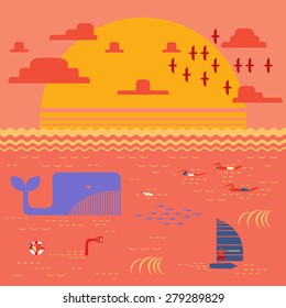 Summer time at sunset sea with people swimming,windsurfing and flock of bird going home in retro vintage map style
