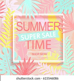 Summer time super sale banner on tropical background.