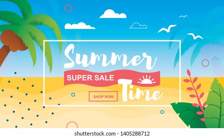 Summer Time and Super Sales Flat Banner. Invitation to Shop Now. Limited Discounts. Mid and End Season Offers. Vector Cartoon Design for Shops, Stores, Retails. Illustration in Tropical Style