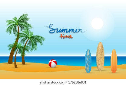 summer time with surf board and coconut trees in  beach view vector illustration 