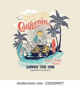 summer time surf and palms in California, tee print vector design with texture and palms drawn, tropical sunset. surf and beach. vintage beach print. tee graphic design.