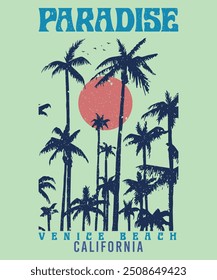 summer time surf and palms in California,Venice beach. Typography, t-shirt graphics, print, poster, banner, flyer, postcard. Los Angeles. California. USA. Beach Paradise Print T-shirt Graphics Design.