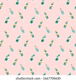Summer time surf pattern. Vector  hand-drawn background with colorful surf boards.
