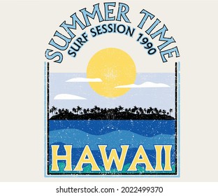 Diseño vectorial de palmeras de sesión de surf de verano. Obras de arte de camisetas de la hora del amanecer en la playa de Hawaii.