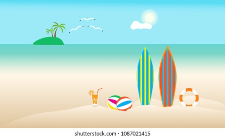 summer time with surfboard umbrella ball on beach. boat in sea and sun bird fly bright over blue sky cloud  background. concept holiday illustration vector flat design