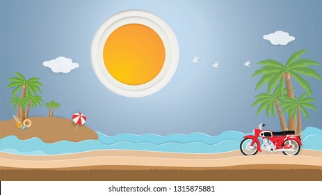 Summer time with Surfboard,Sandals,Life ring, Snorkel and Paddle under the coconut trees and motorcycle on the beach in spring season,paper craft style vector and illustration